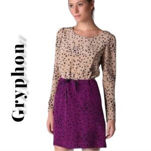 Gryphon New York dress Orion 100% silk star purple tan pockets tie long sleeve S